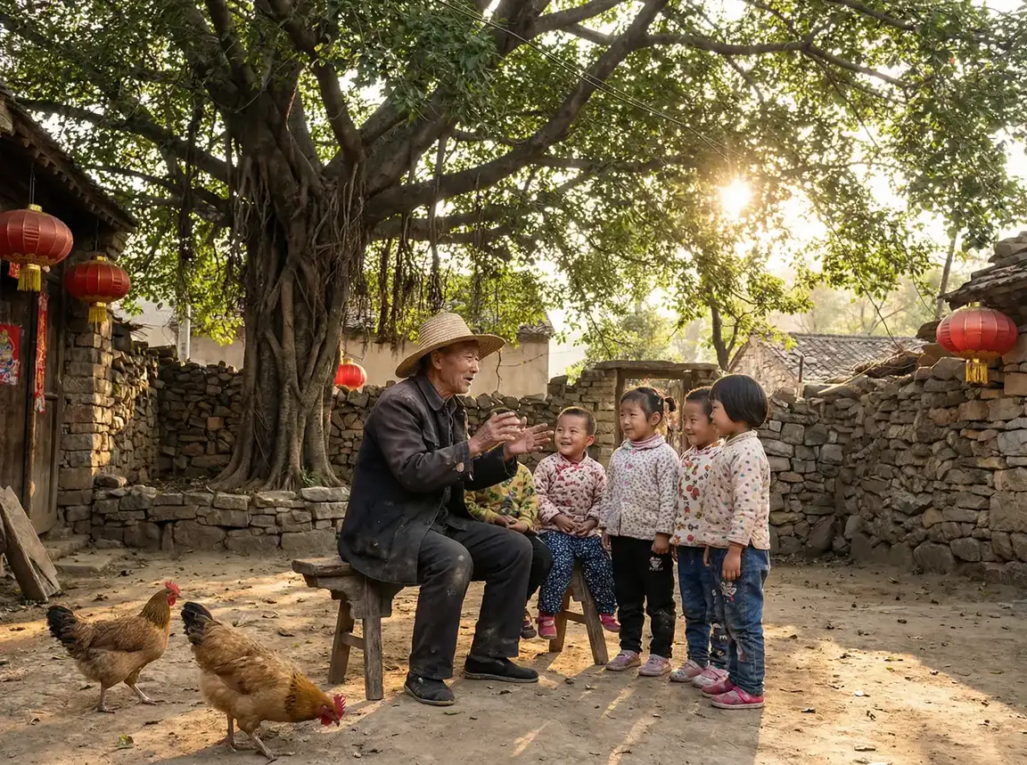 老人在大榕树下给孩子们讲故事 - xl上司带翻译没有马赛克 乡村记忆